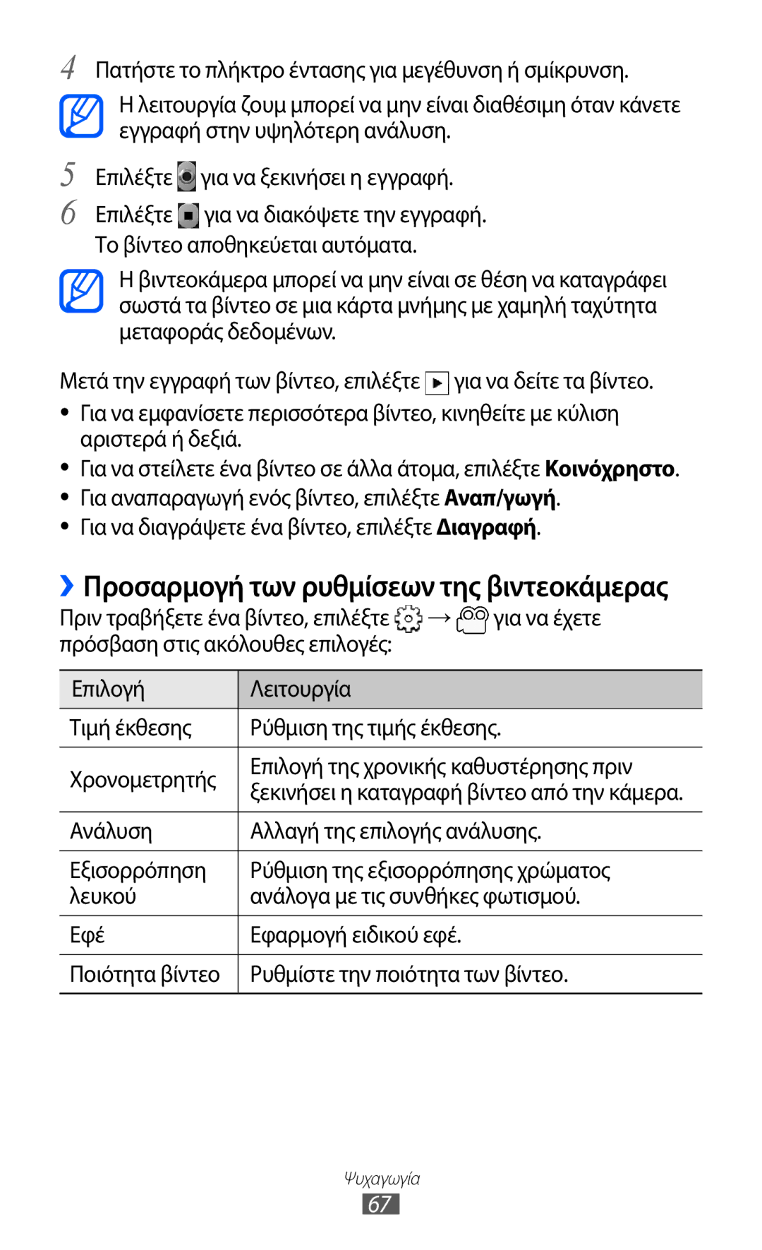 Samsung GT-B5512HKACYO Για να διαγράψετε ένα βίντεο, επιλέξτε Διαγραφή, Πριν τραβήξετε ένα βίντεο, επιλέξτε Για να έχετε 