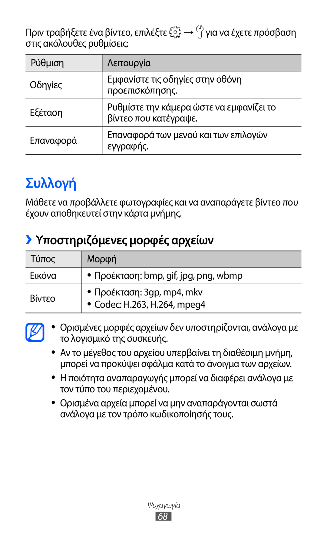 Samsung GT-B5512UWAEUR, GT-B5512HKAEUR, GT-B5512HKACYO manual Συλλογή, ››Υποστηριζόμενες μορφές αρχείων 