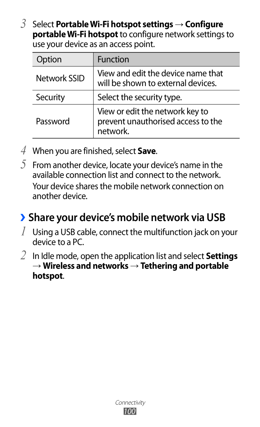 Samsung GT-B5512HKUSKZ, GT-B5512HKAMID, GT-B5512HKATHR, GT-B5512HKAXSG manual ››Share your device’s mobile network via USB 