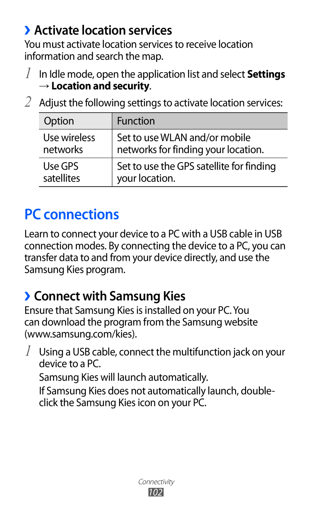 Samsung GT-B5512HKAEGY PC connections, ››Activate location services, ››Connect with Samsung Kies, → Location and security 