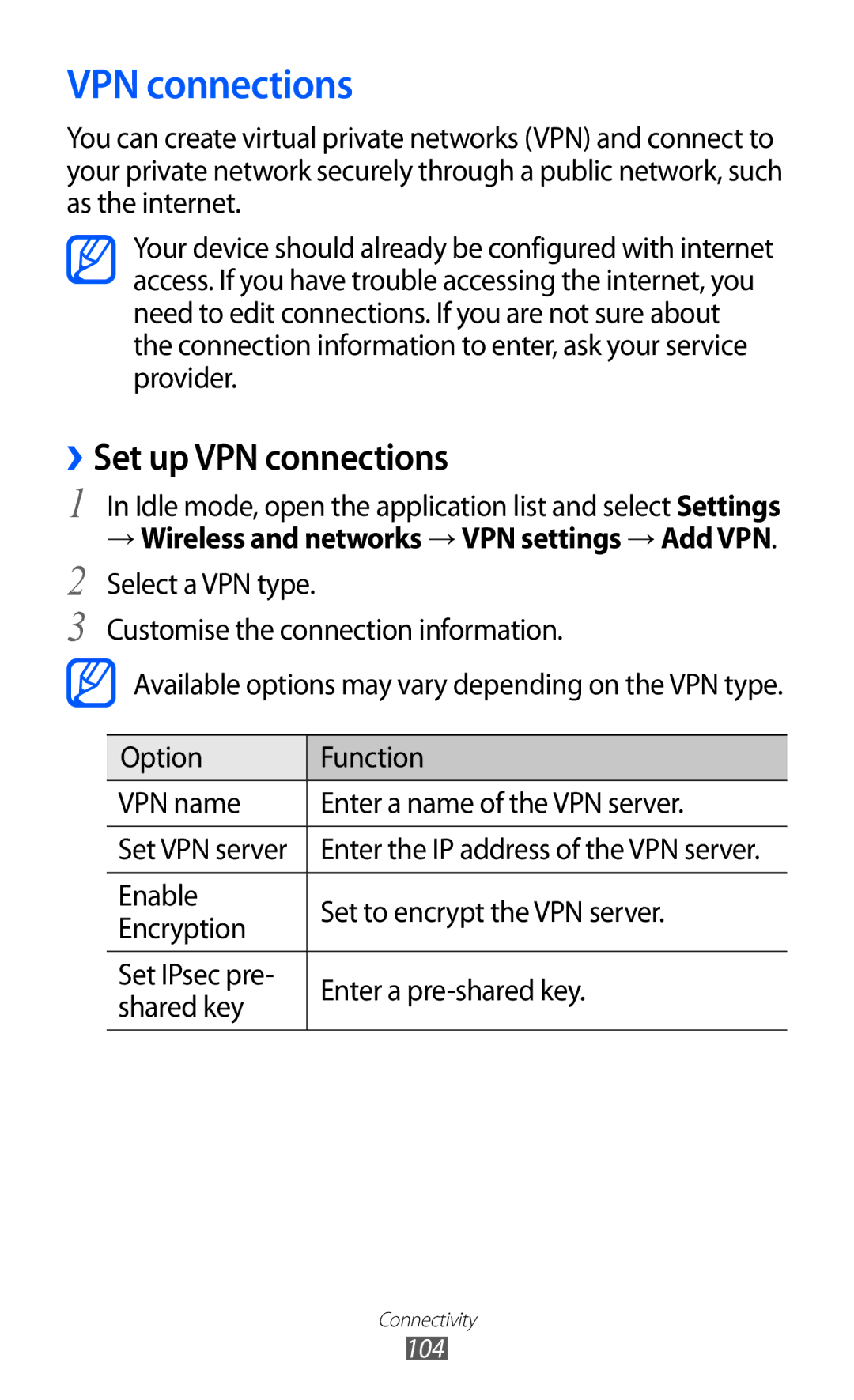 Samsung GT-B5512HKATHR, GT-B5512HKAMID, GT-B5512HKAXSG, GT-B5512HKAABS, GT-B5512HKAAFR manual ››Set up VPN connections 