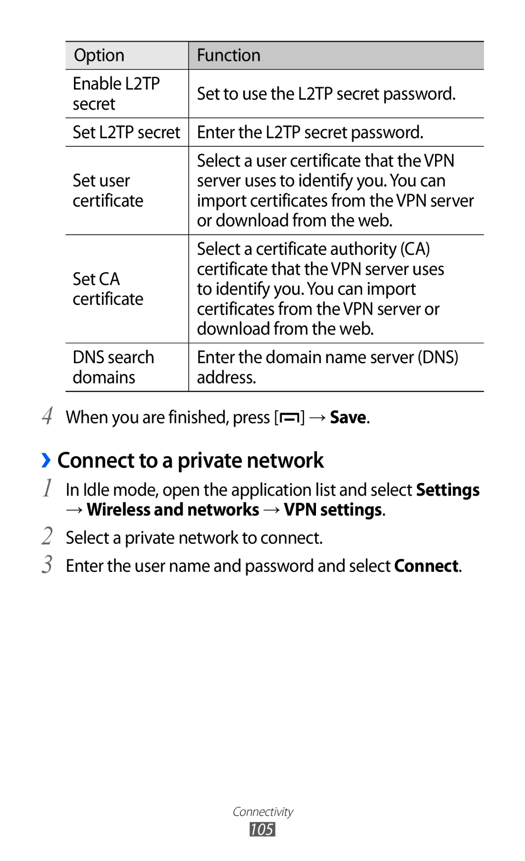 Samsung GT-B5512HKAXSG, GT-B5512HKAMID, GT-B5512HKATHR, GT-B5512HKAABS, GT-B5512HKAAFR manual ››Connect to a private network 