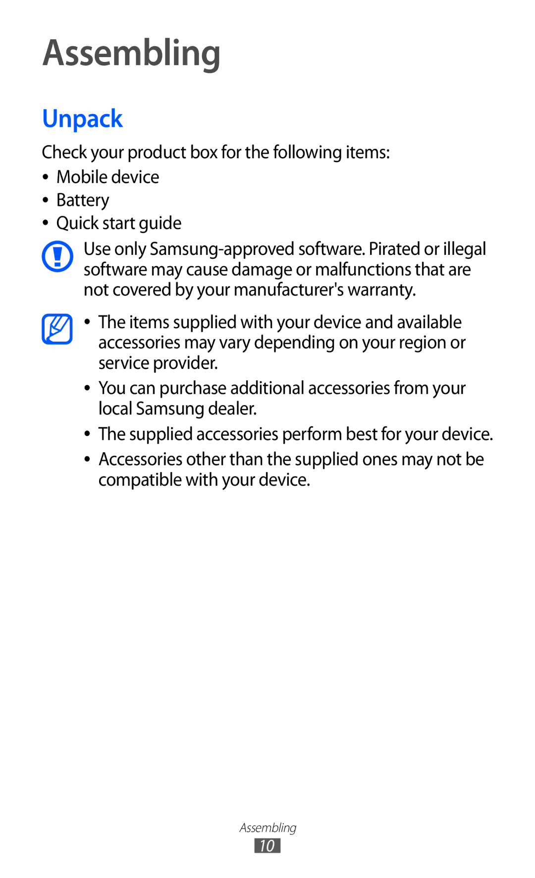 Samsung GT-B5512HKAMRT, GT-B5512HKAMID, GT-B5512HKATHR, GT-B5512HKAXSG, GT-B5512HKAABS, GT-B5512HKAAFR manual Assembling, Unpack 