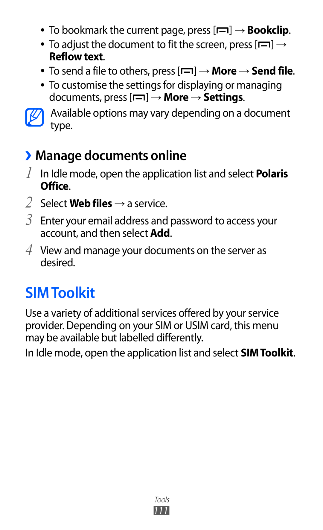 Samsung GT-B5512HKAKSA, GT-B5512HKAMID, GT-B5512HKATHR, GT-B5512HKAXSG manual SIM Toolkit, ››Manage documents online, Office 