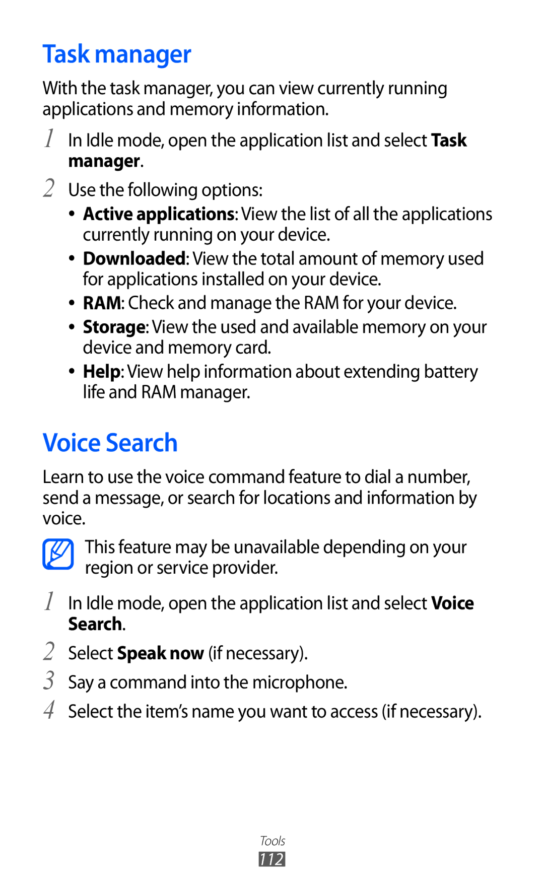 Samsung GT-B5512HKAECT, GT-B5512HKAMID, GT-B5512HKATHR, GT-B5512HKAXSG, GT-B5512HKAABS manual Task manager, Voice Search 