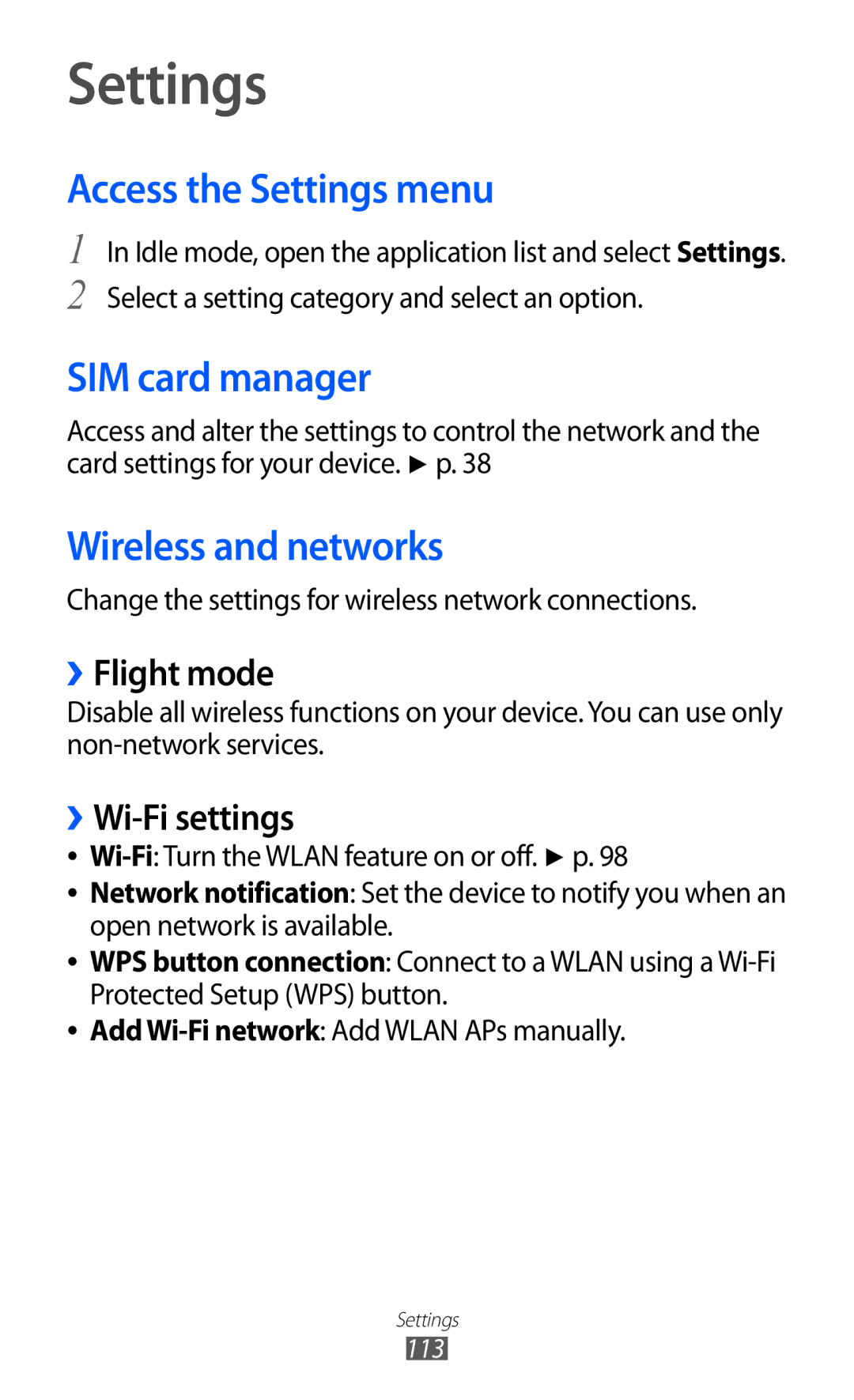 Samsung GT-B5512HKUSKZ, GT-B5512HKAMID manual Access the Settings menu, SIM card manager, Wireless and networks 