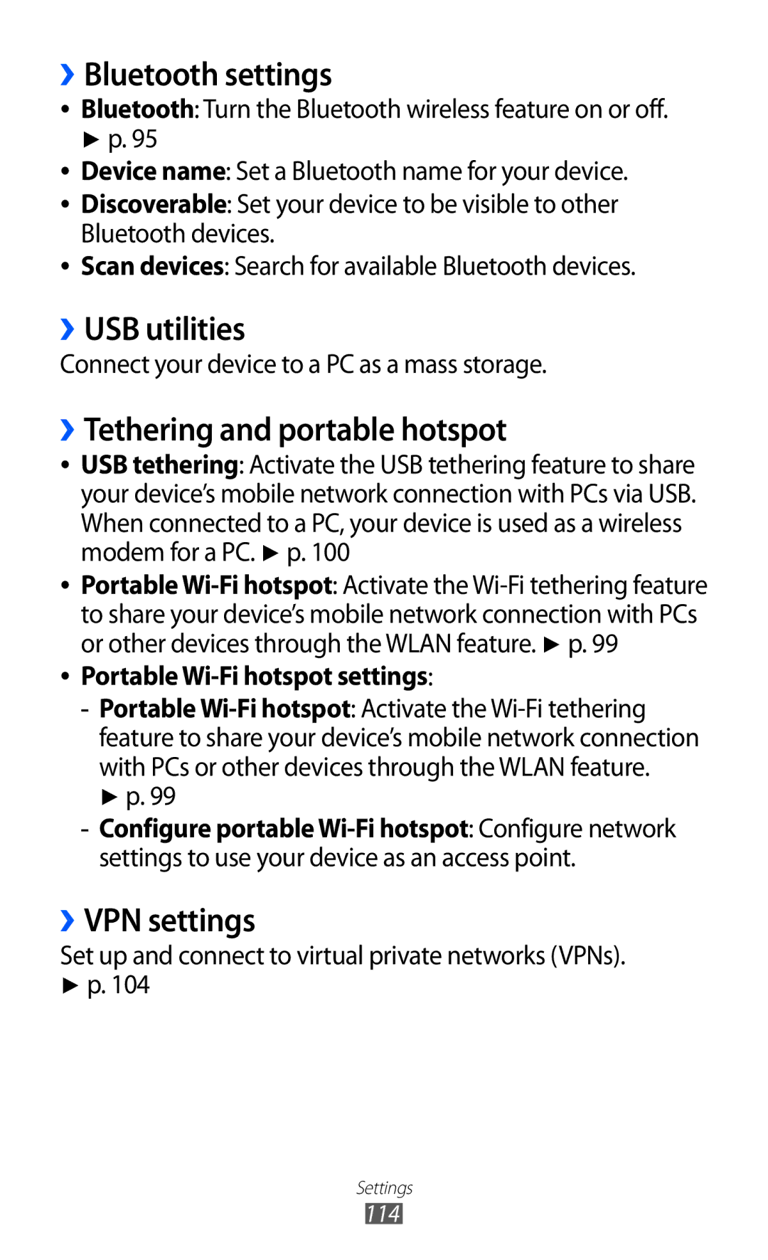 Samsung GT-B5512HKAMRT manual ››Bluetooth settings, ››USB utilities, ››Tethering and portable hotspot, ››VPN settings 