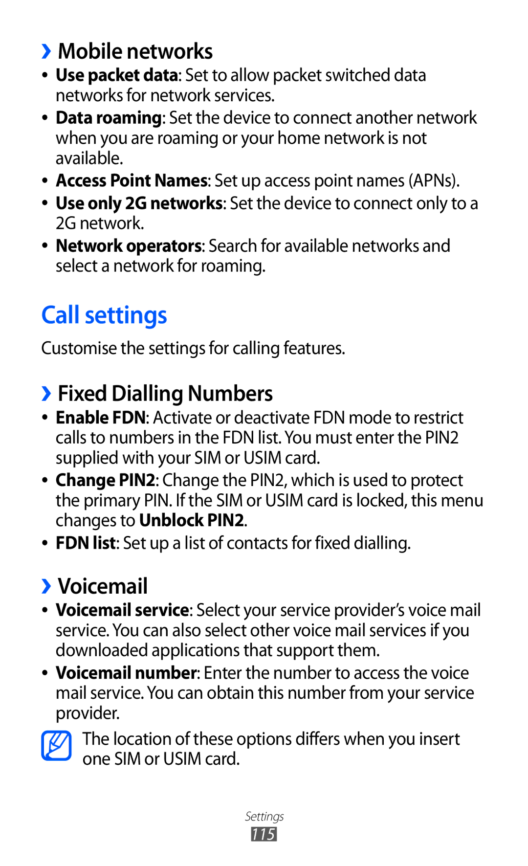 Samsung GT-B5512HKAEGY, GT-B5512HKAMID manual Call settings, ››Mobile networks, ››Fixed Dialling Numbers, ››Voicemail 