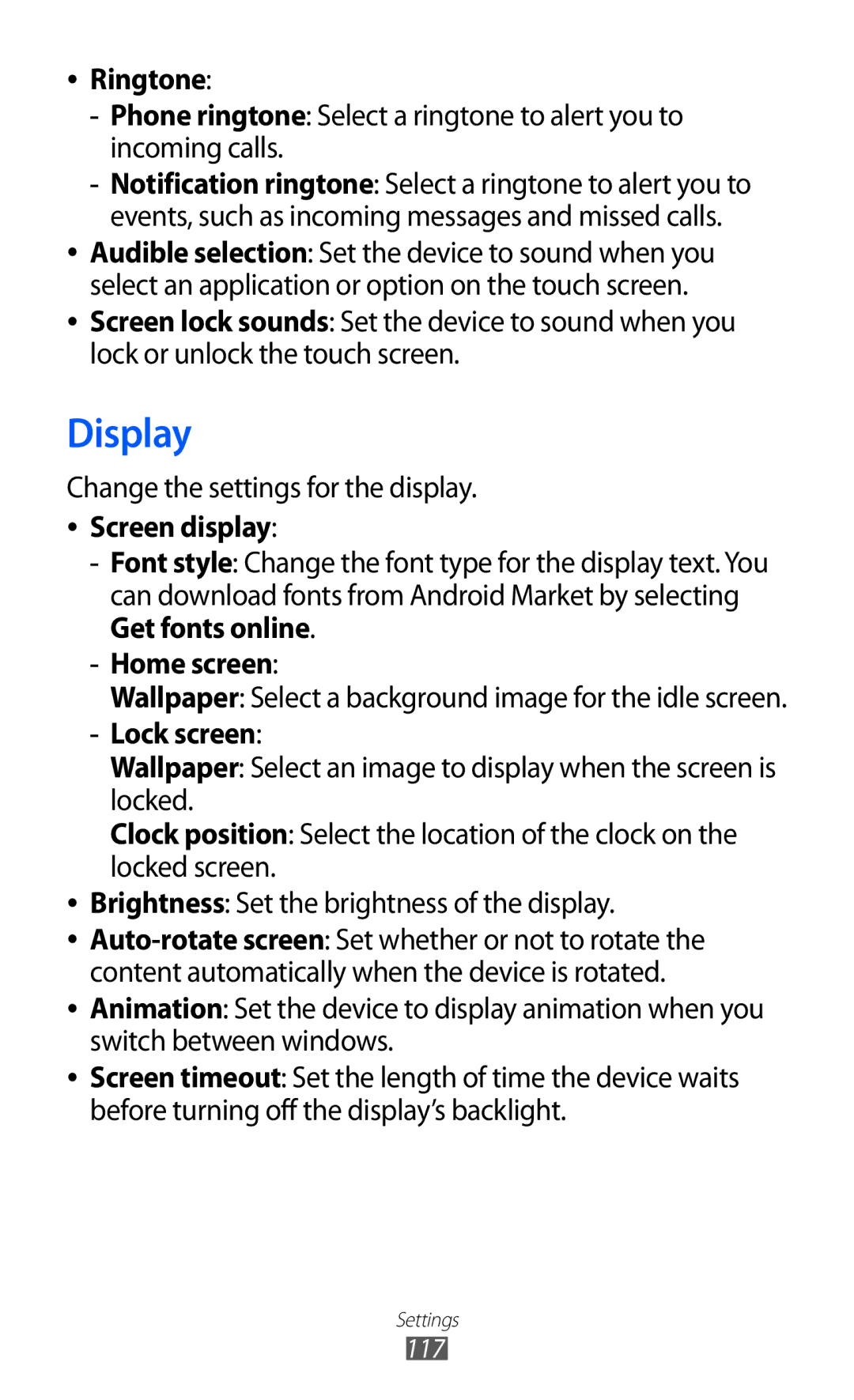 Samsung GT-B5512HKATHR, GT-B5512HKAMID, GT-B5512HKAXSG manual Display, Ringtone, Screen display, Home screen, Lock screen 