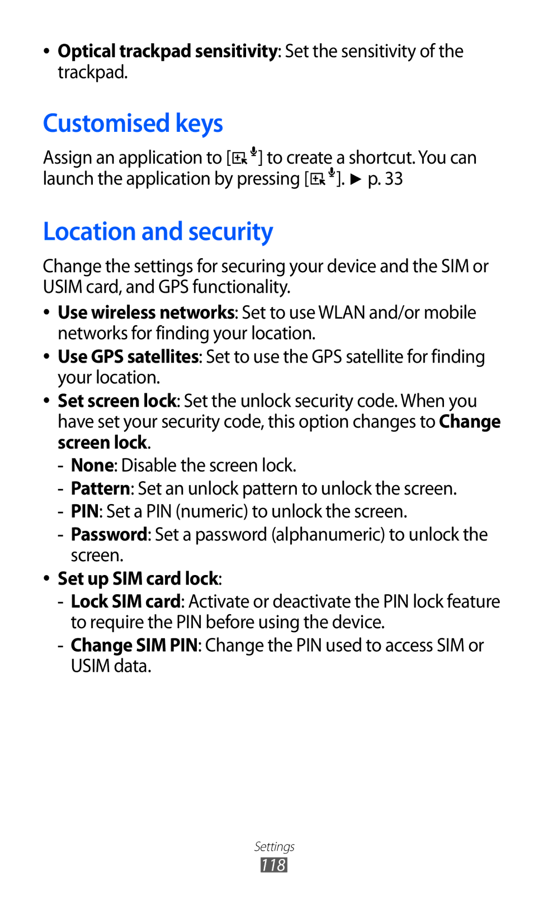 Samsung GT-B5512HKAXSG, GT-B5512HKAMID, GT-B5512HKATHR manual Customised keys, Location and security, Set up SIM card lock 