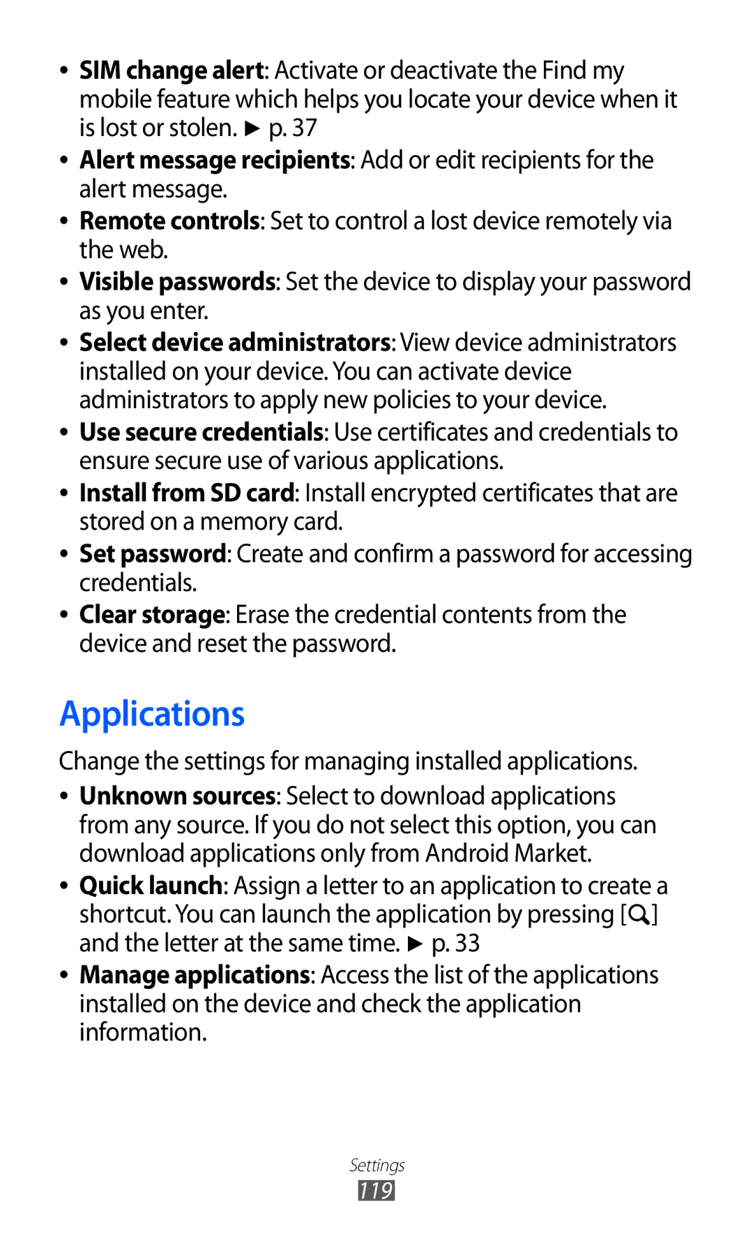 Samsung GT-B5512HKAABS, GT-B5512HKAMID manual Applications, Change the settings for managing installed applications 