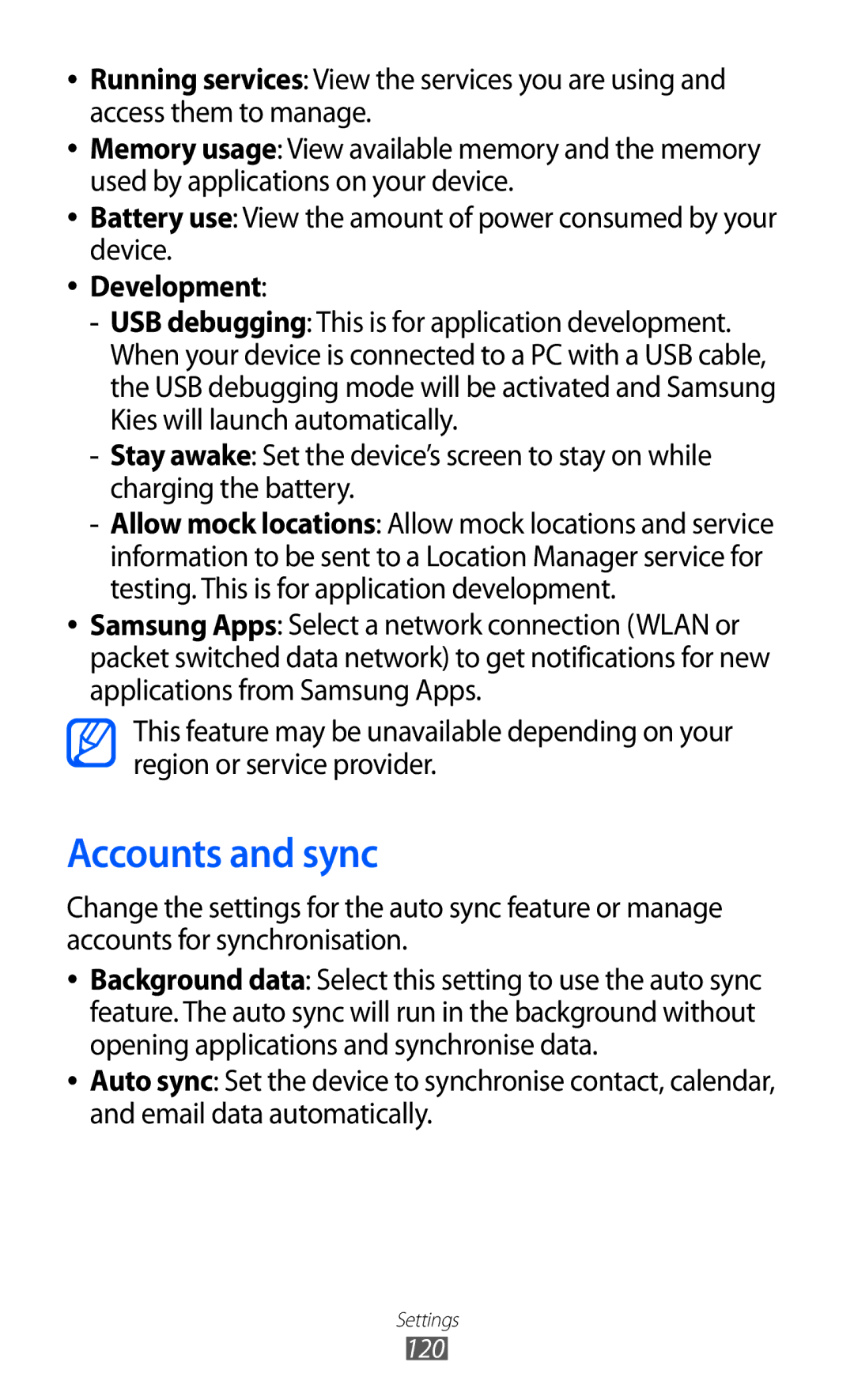 Samsung GT-B5512HKAAFR, GT-B5512HKAMID, GT-B5512HKATHR, GT-B5512HKAXSG, GT-B5512HKAABS manual Accounts and sync, Development 