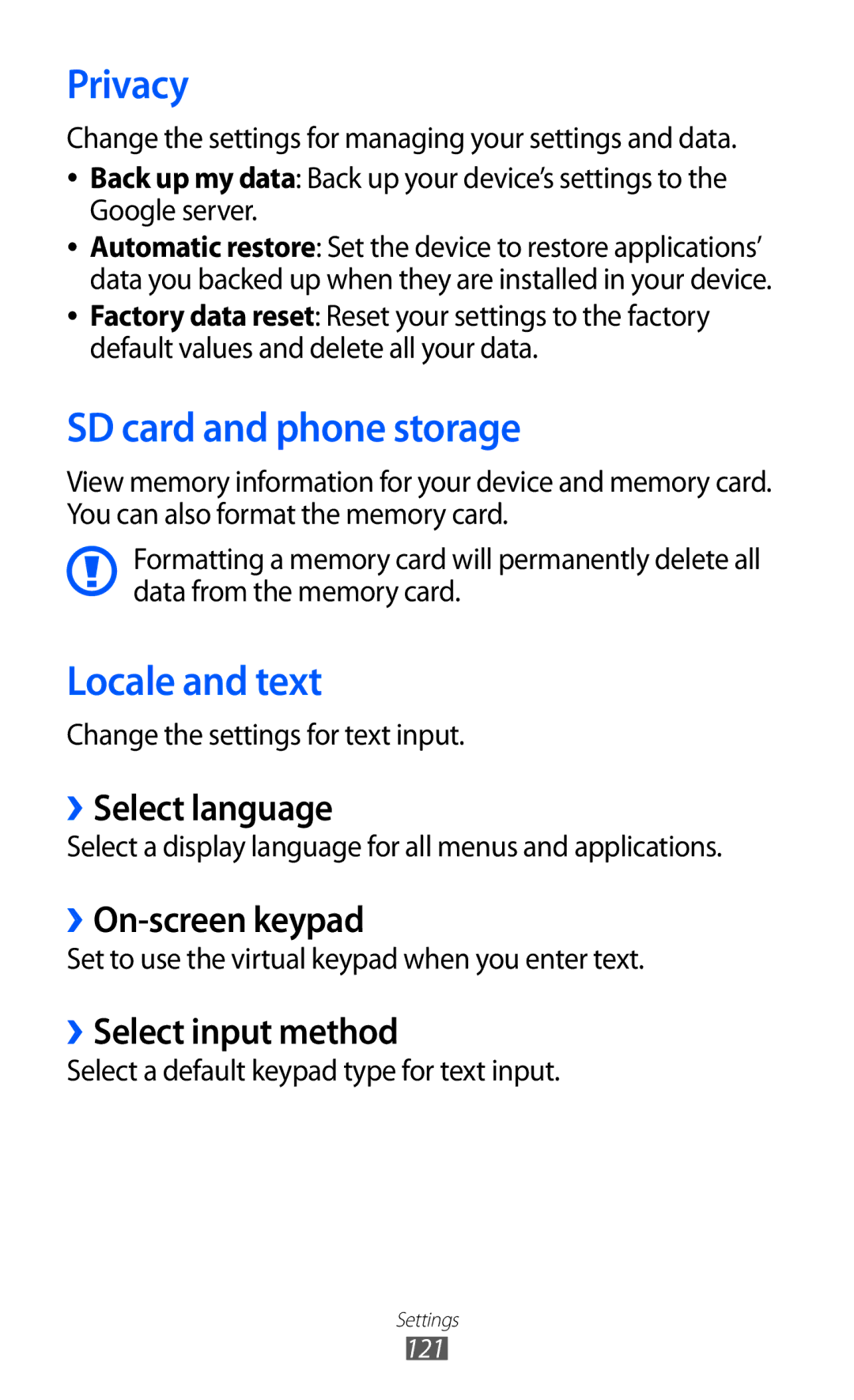 Samsung GT-B5512HKABTC, GT-B5512HKAMID, GT-B5512HKATHR, GT-B5512HKAXSG Privacy, SD card and phone storage, Locale and text 