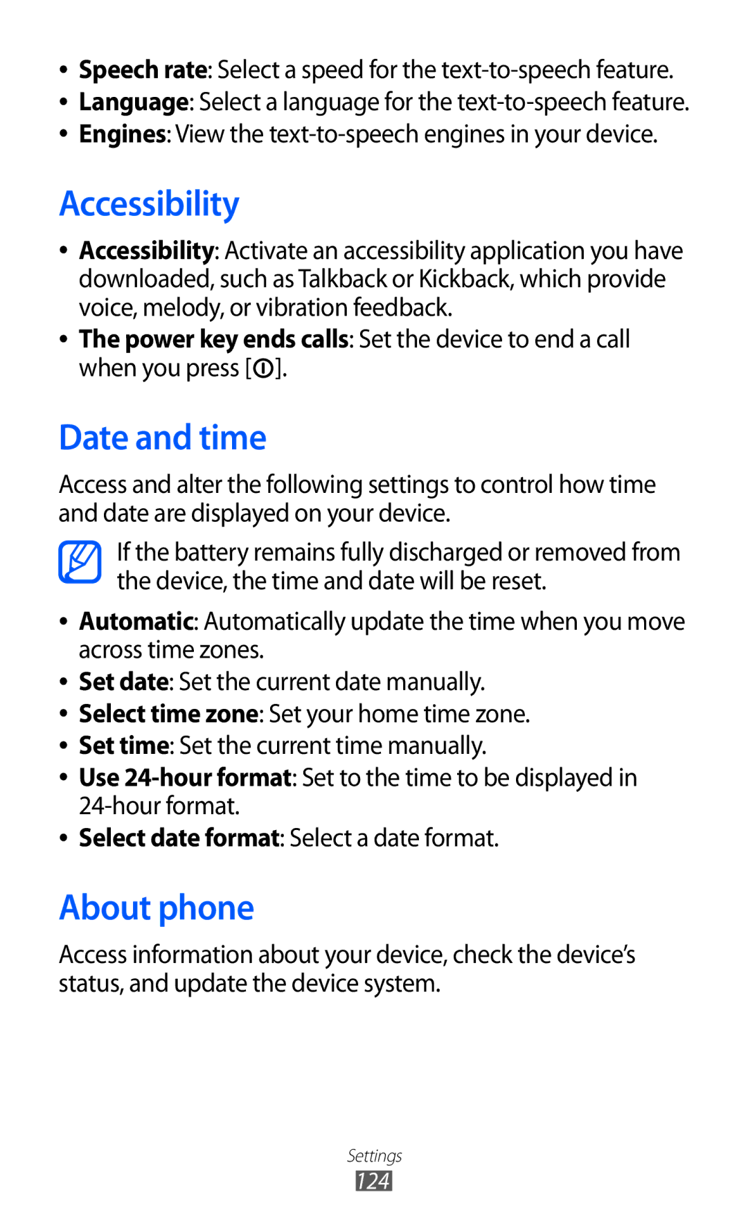 Samsung GT-B5512HKAKSA Accessibility, Date and time, About phone, Engines View the text-to-speech engines in your device 