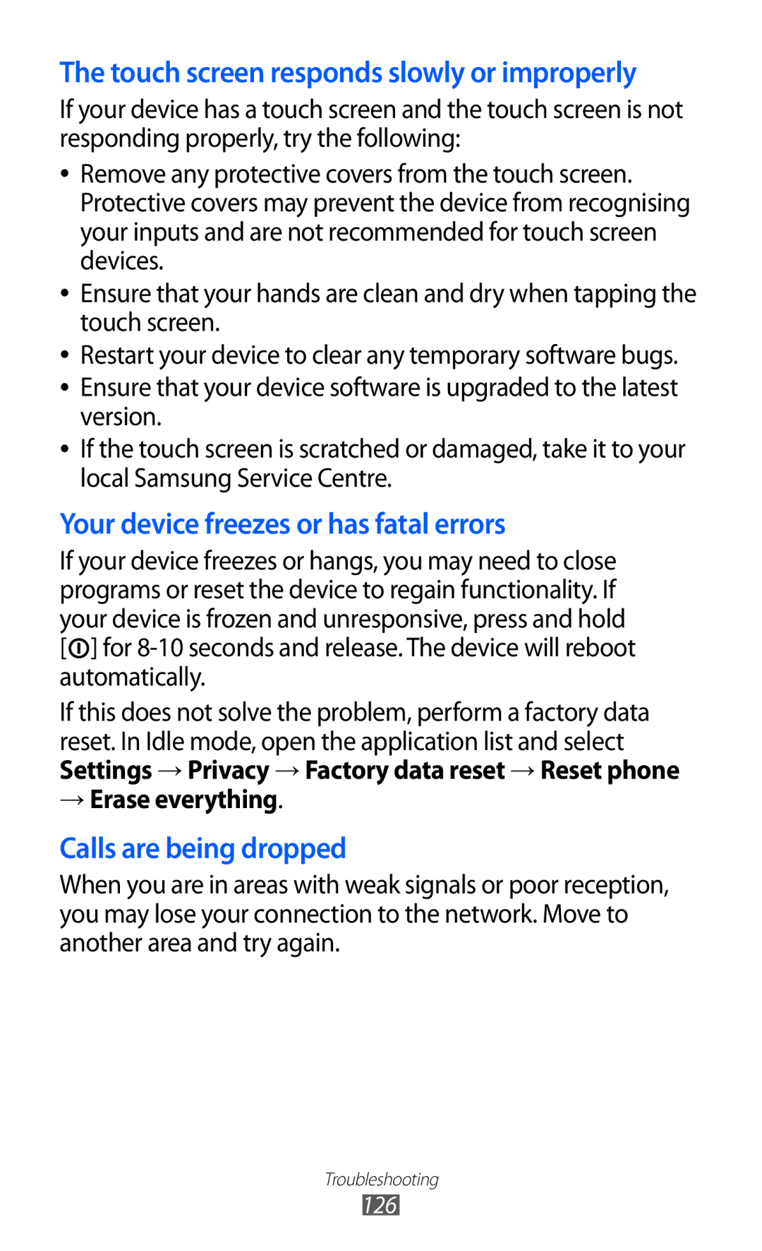 Samsung GT-B5512HKUSKZ, GT-B5512HKAMID, GT-B5512HKATHR manual Touch screen responds slowly or improperly, → Erase everything 