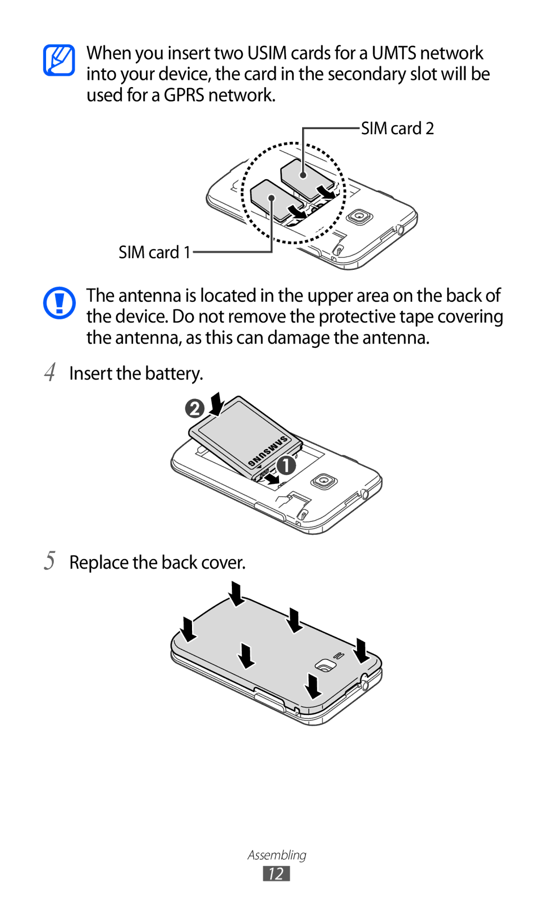 Samsung GT-B5512HKAMID, GT-B5512HKATHR, GT-B5512HKAXSG, GT-B5512HKAABS Insert the battery Replace the back cover, SIM card 