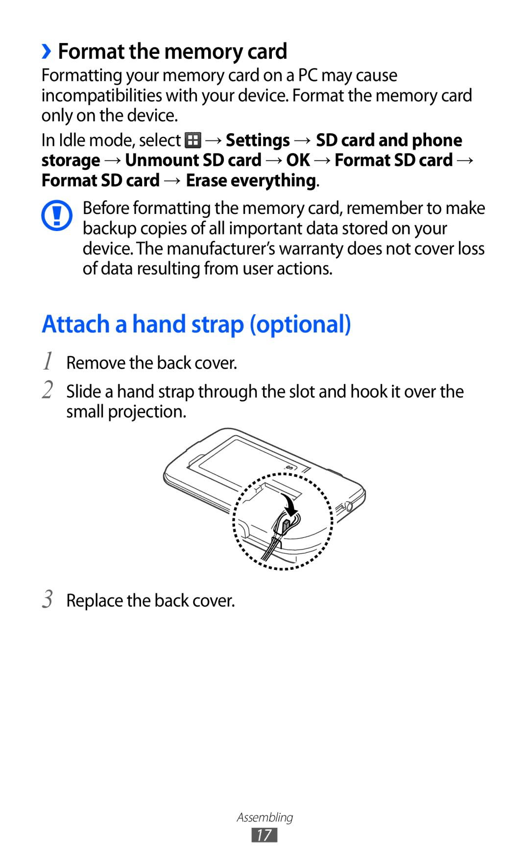 Samsung GT-B5512HKABTC, GT-B5512HKAMID, GT-B5512HKATHR manual Attach a hand strap optional, ››Format the memory card 