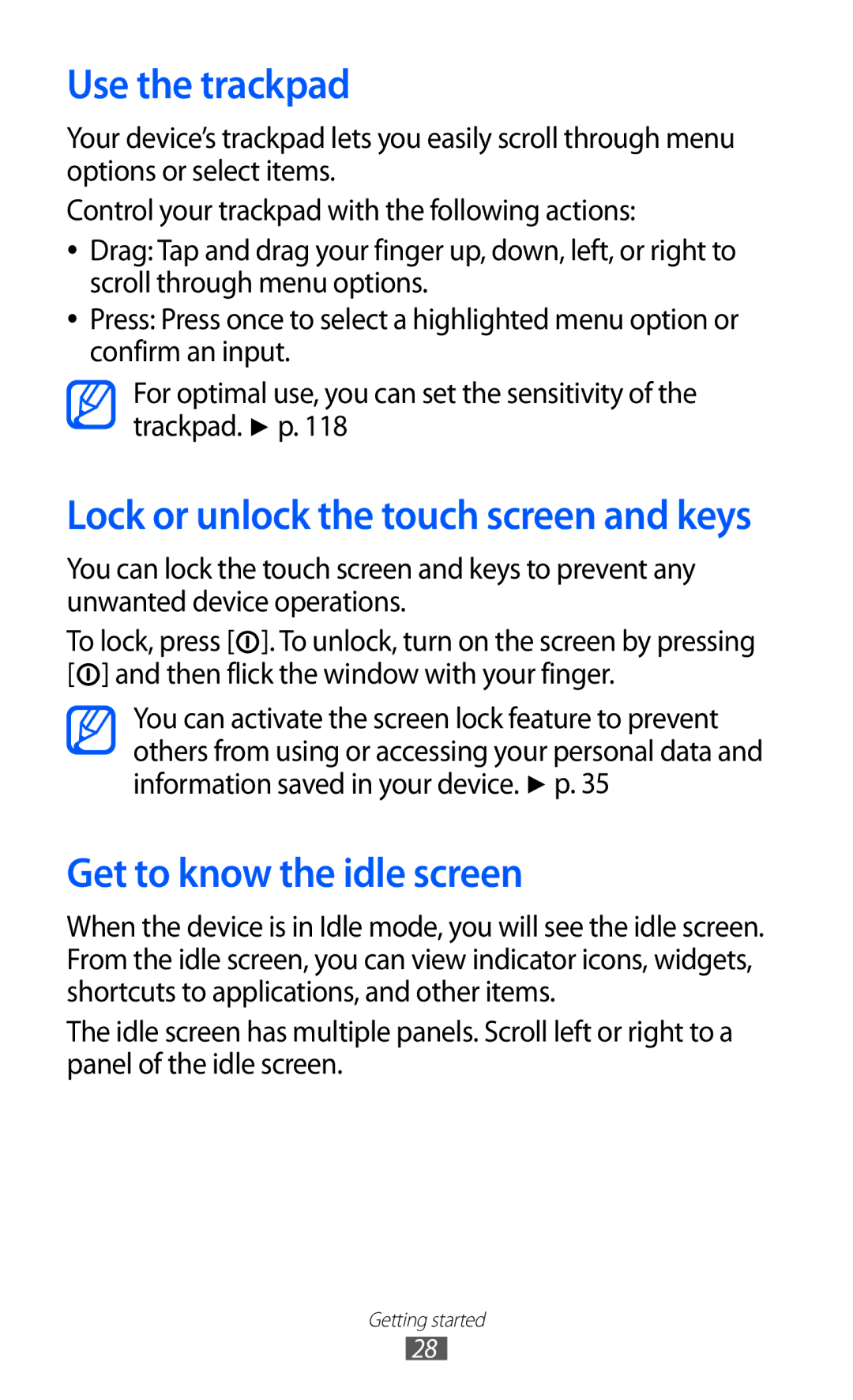 Samsung GT-B5512HKAABS, GT-B5512HKAMID, GT-B5512HKATHR, GT-B5512HKAXSG manual Use the trackpad, Get to know the idle screen 