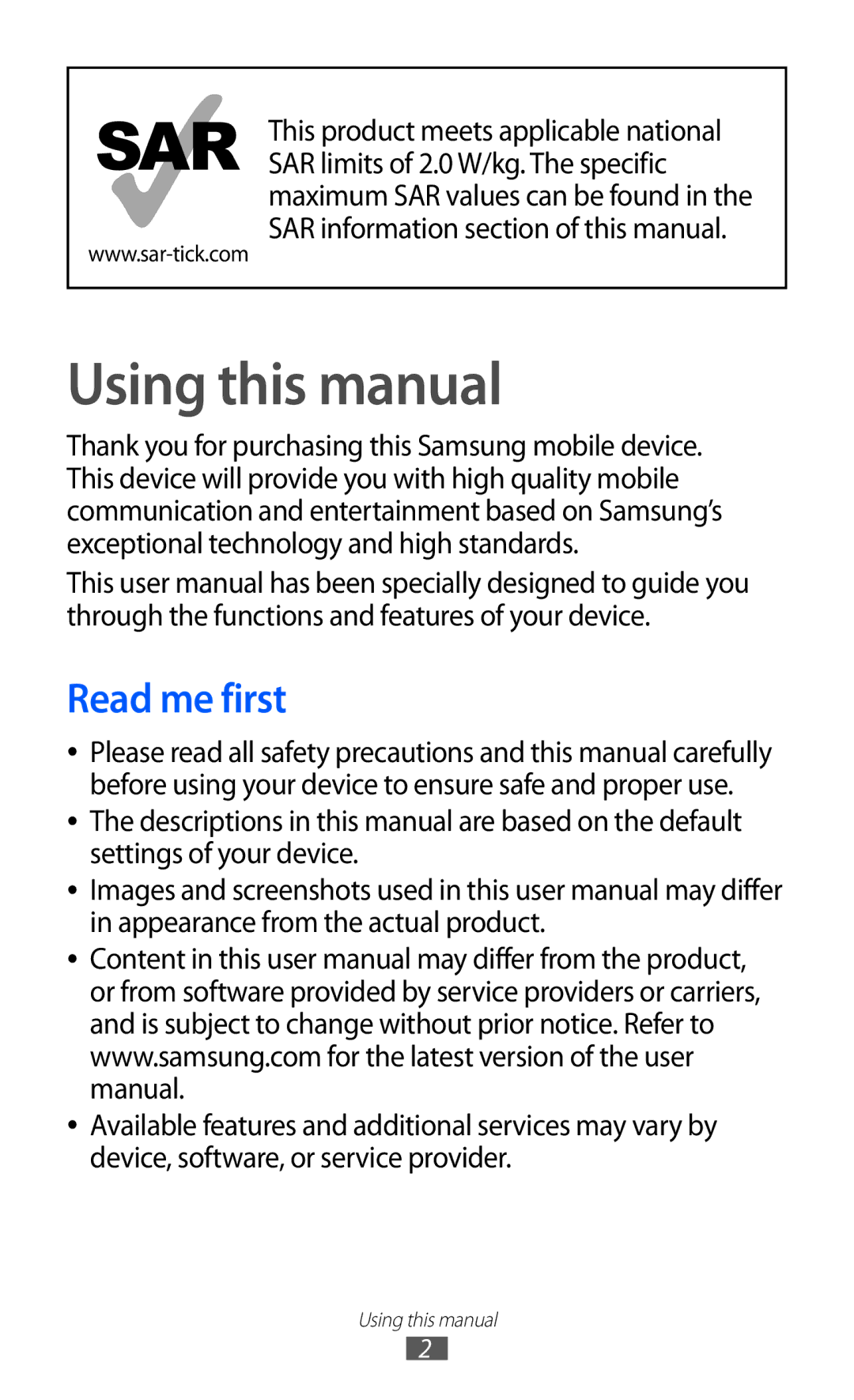 Samsung GT-B5512HKAABS, GT-B5512HKAMID, GT-B5512HKATHR, GT-B5512HKAXSG, GT-B5512HKAAFR Using this manual, Read me first 