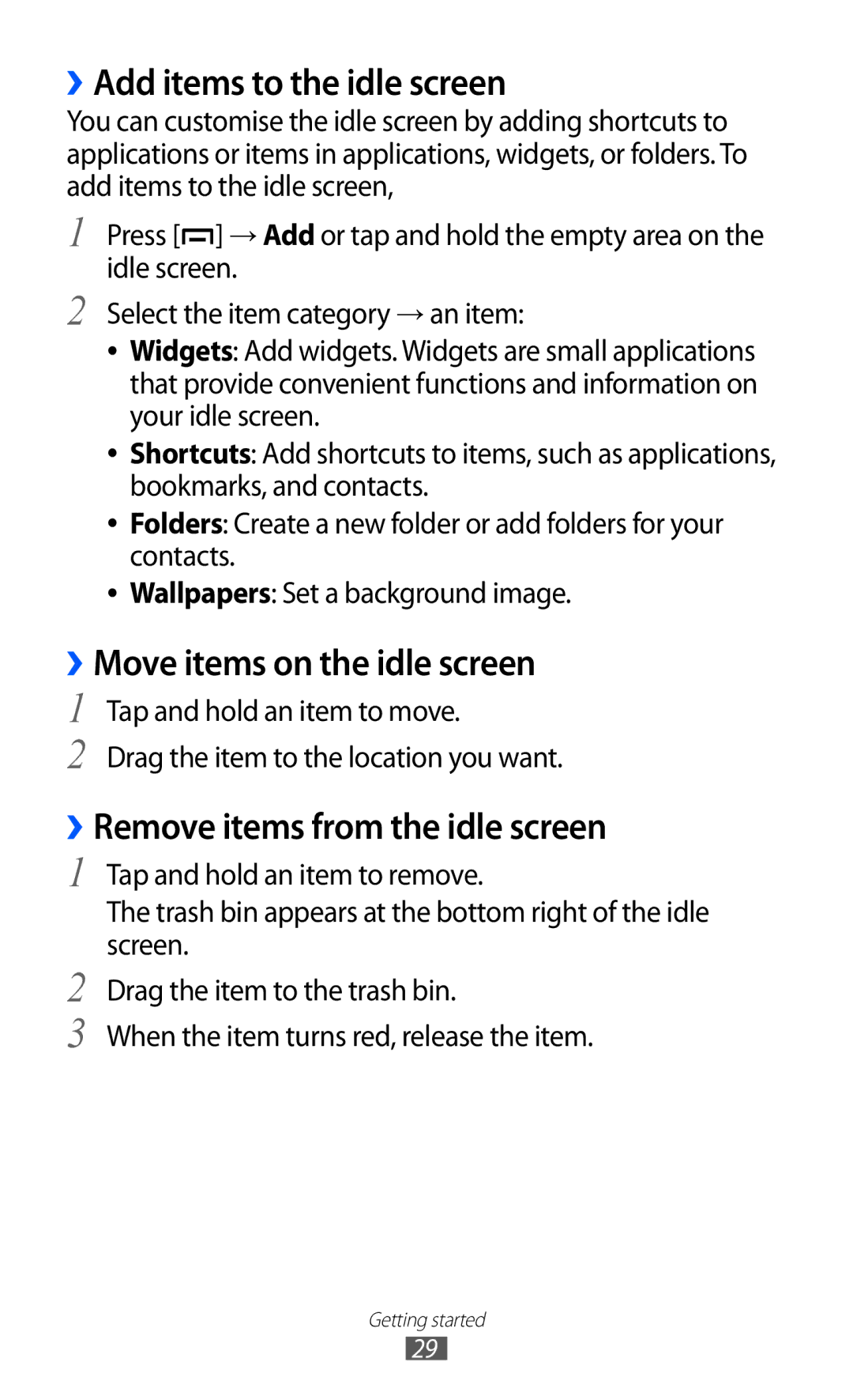 Samsung GT-B5512HKAAFR, GT-B5512HKAMID, GT-B5512HKATHR manual ››Add items to the idle screen, ››Move items on the idle screen 