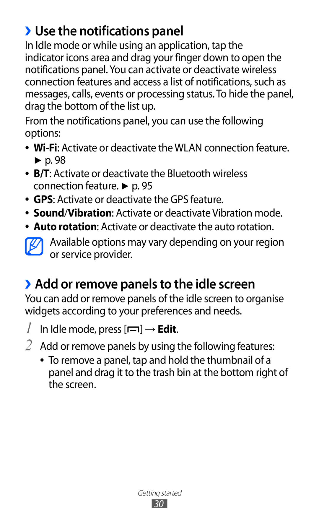 Samsung GT-B5512HKABTC, GT-B5512HKAMID manual ››Use the notifications panel, ››Add or remove panels to the idle screen 