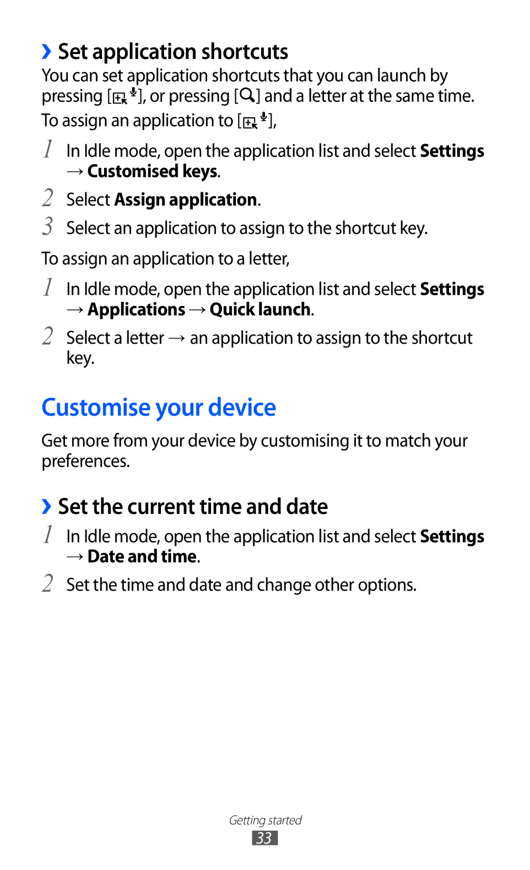 Samsung GT-B5512HKAKSA, GT-B5512HKAMID Customise your device, ››Set application shortcuts, ››Set the current time and date 