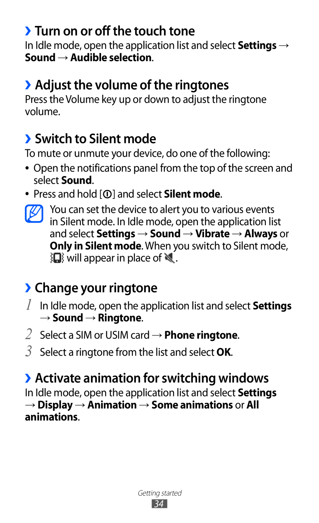 Samsung GT-B5512HKAECT ››Turn on or off the touch tone, ››Adjust the volume of the ringtones, ››Switch to Silent mode 