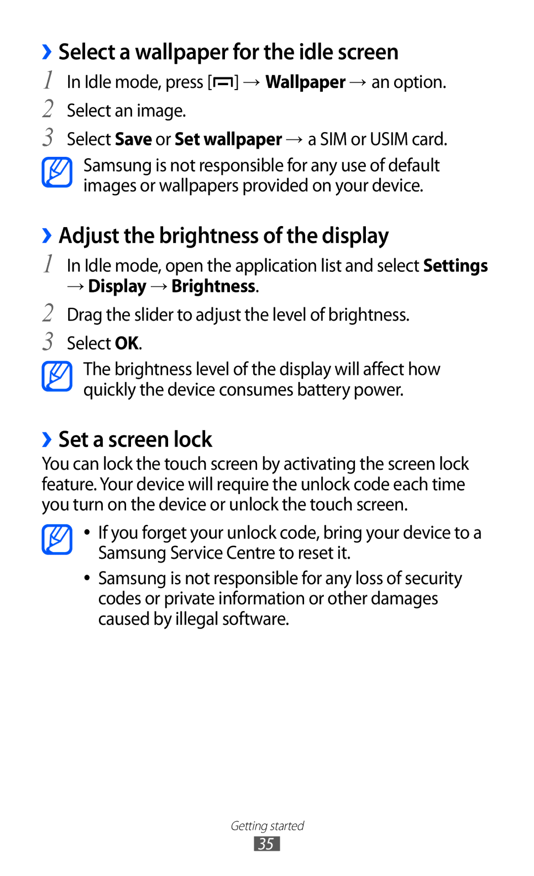 Samsung GT-B5512HKUSKZ, GT-B5512HKAMID ››Select a wallpaper for the idle screen, ››Adjust the brightness of the display 