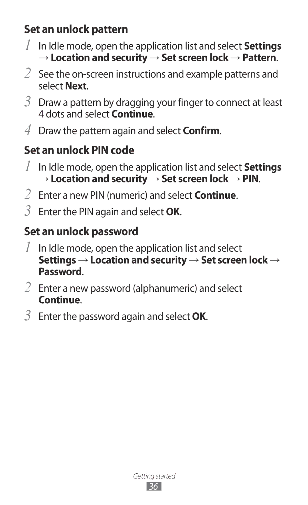 Samsung GT-B5512HKAMRT, GT-B5512HKAMID, GT-B5512HKATHR, GT-B5512HKAXSG → Location and security → Set screen lock → Pattern 