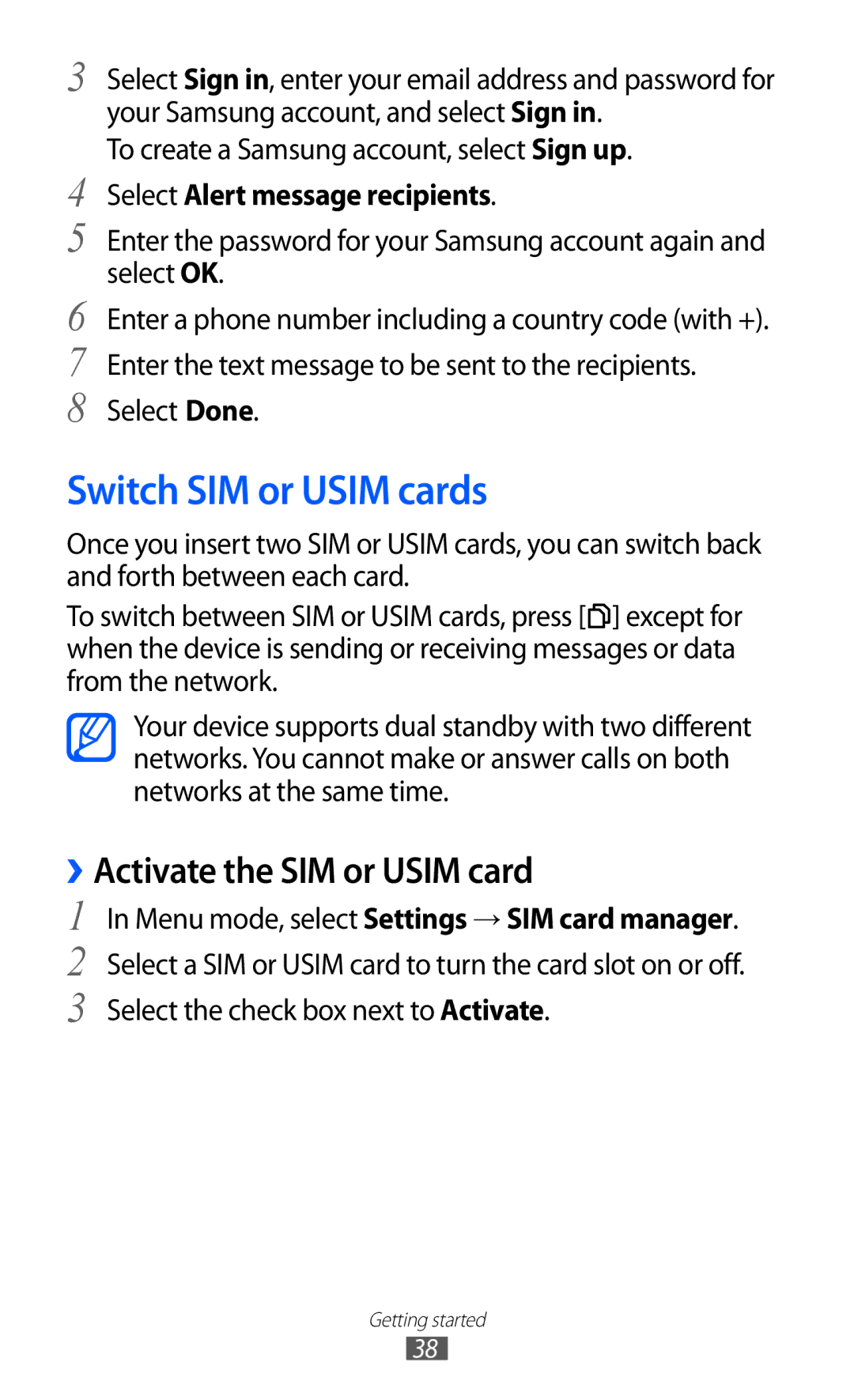 Samsung GT-B5512HKAMID manual Switch SIM or Usim cards, ››Activate the SIM or Usim card, Select Alert message recipients 