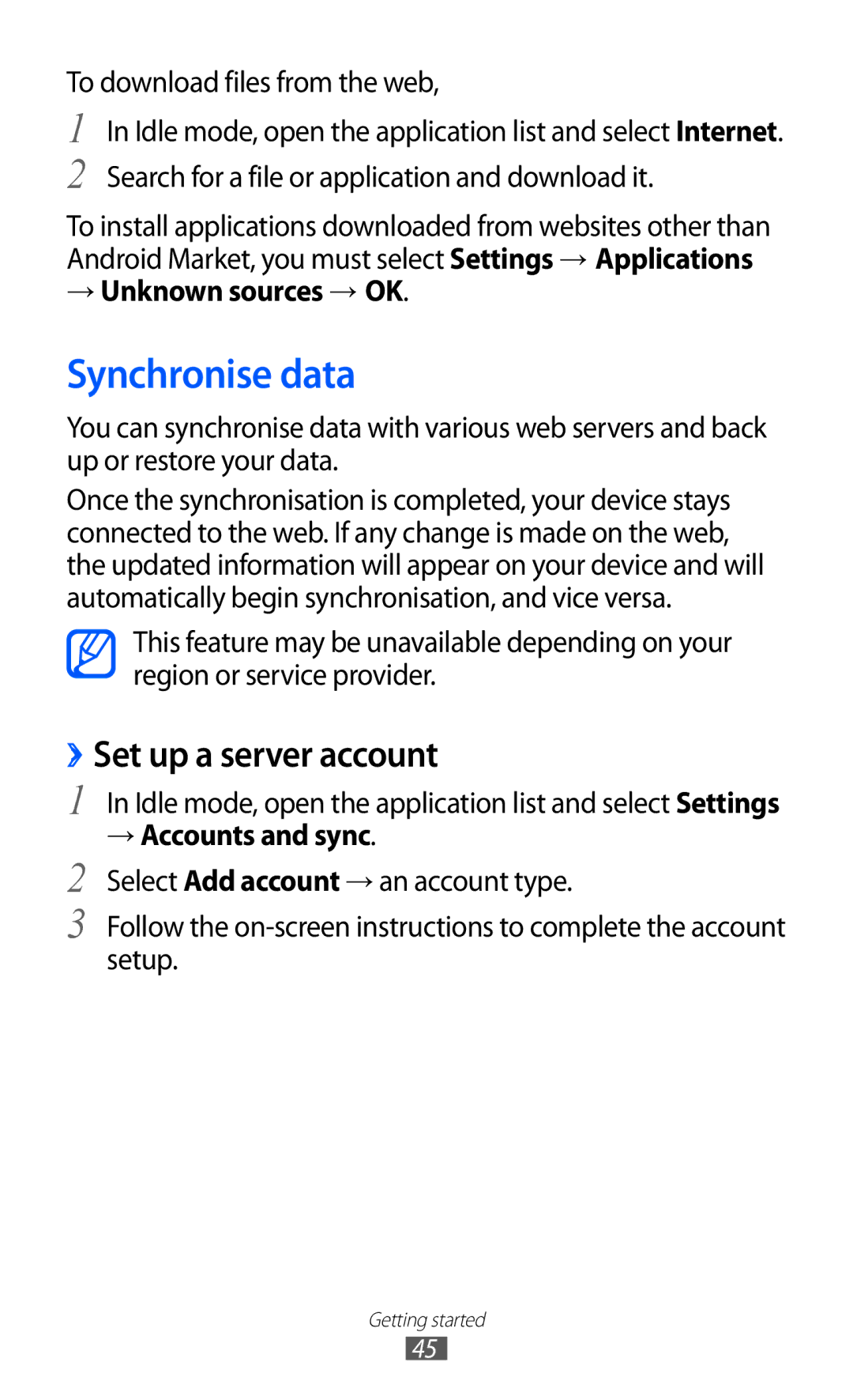 Samsung GT-B5512HKASKZ Synchronise data, ››Set up a server account, To download files from the web, → Unknown sources → OK 