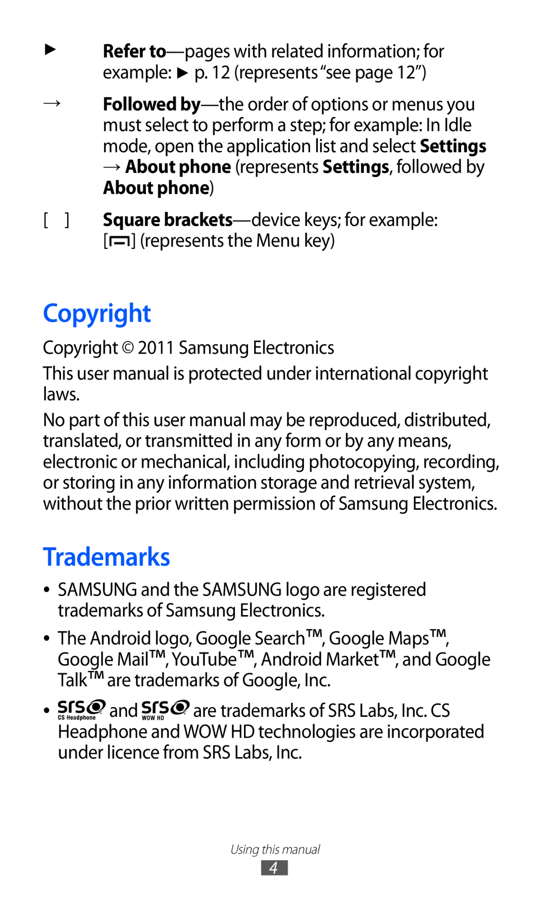 Samsung GT-B5512HKABTC, GT-B5512HKAMID manual Trademarks, Represents the Menu key, Copyright 2011 Samsung Electronics 