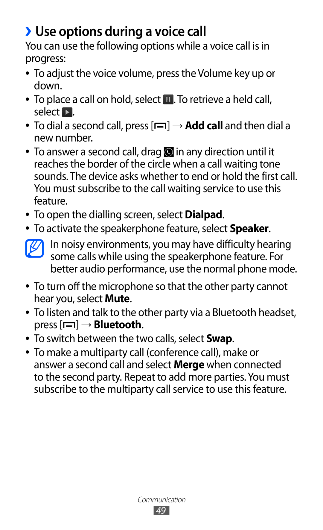 Samsung GT-B5512HKAMRT, GT-B5512HKAMID, GT-B5512HKATHR, GT-B5512HKAXSG, GT-B5512HKAABS manual ››Use options during a voice call 