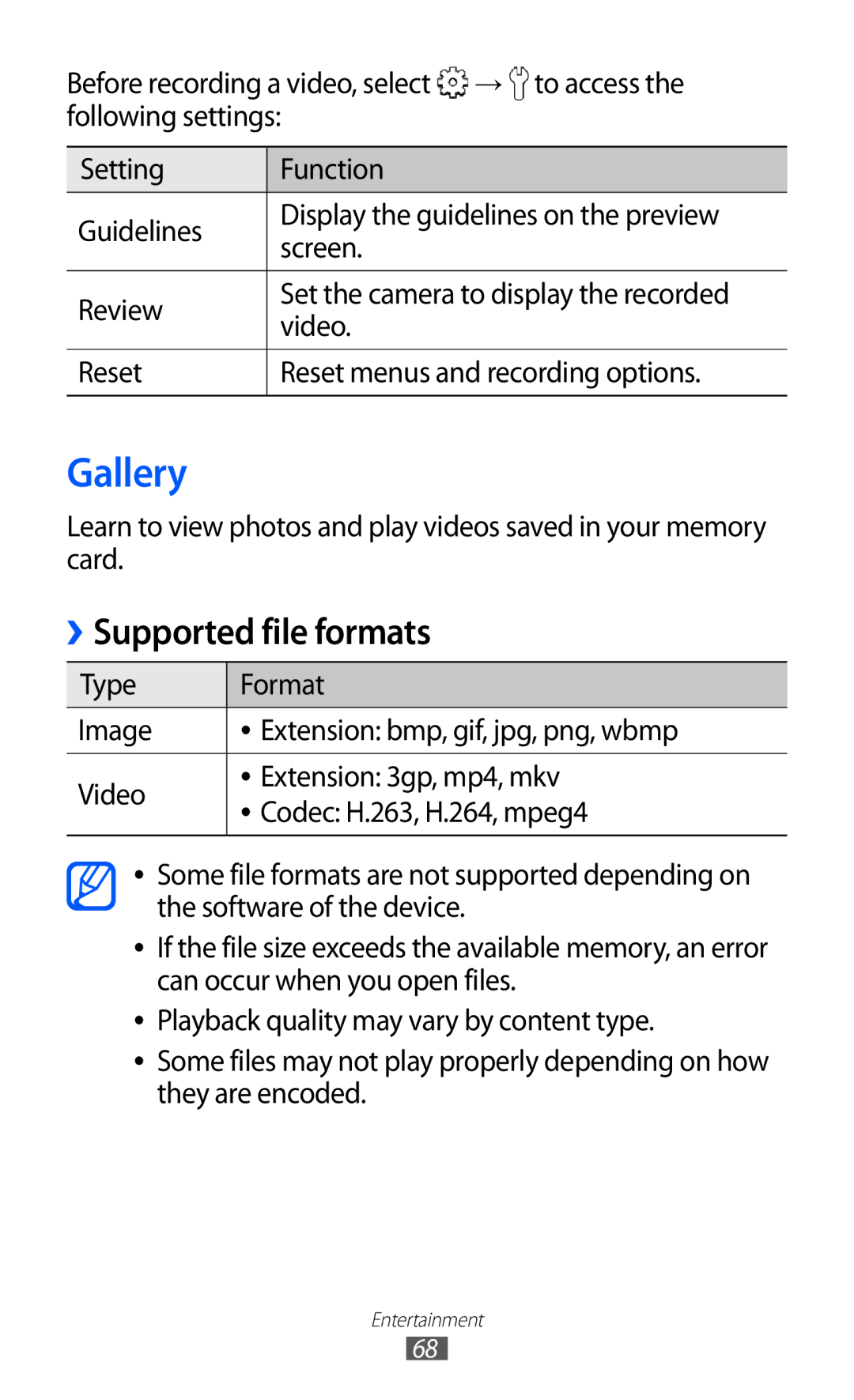 Samsung GT-B5512HKAAFR, GT-B5512HKAMID, GT-B5512HKATHR, GT-B5512HKAXSG manual Gallery, Supported file formats, → to access 