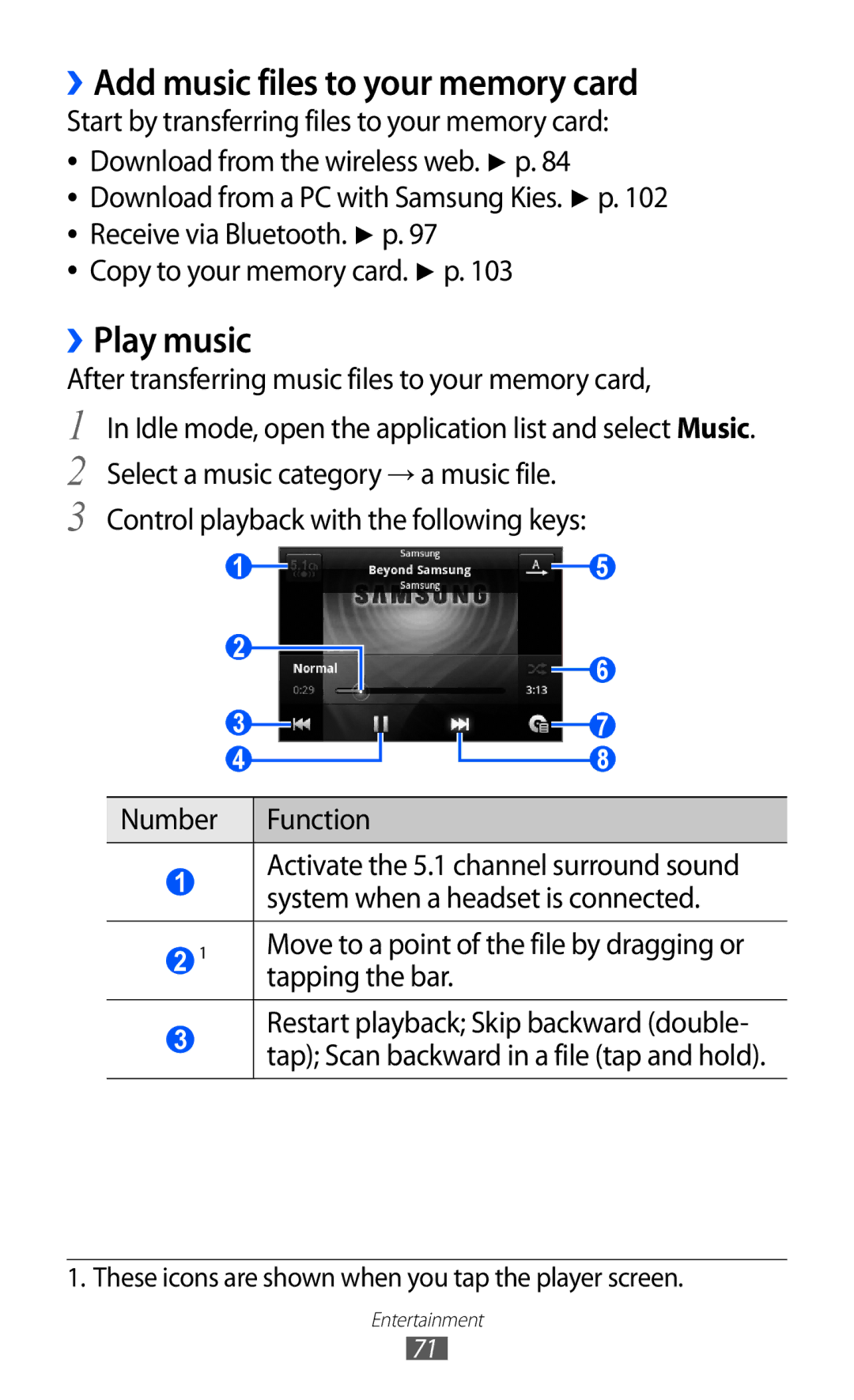 Samsung GT-B5512HKASKZ, GT-B5512HKAMID, GT-B5512HKATHR ››Add music files to your memory card, ››Play music, Tapping the bar 