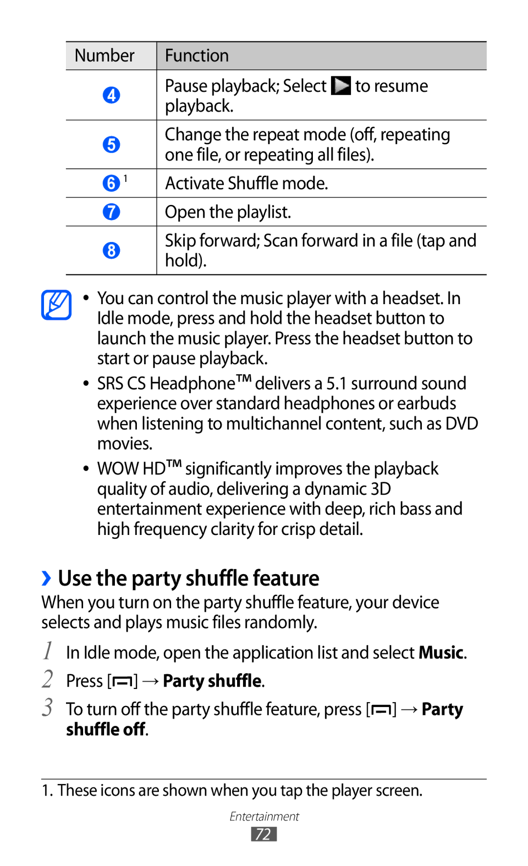 Samsung GT-B5512HKAKSA manual ››Use the party shuffle feature, Number Function Pause playback Select to resume playback 