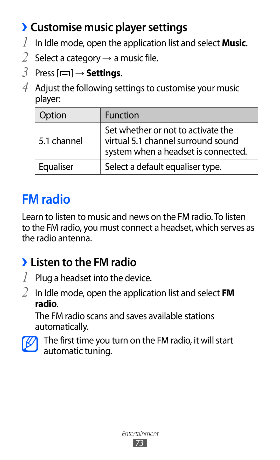 Samsung GT-B5512HKAECT, GT-B5512HKAMID, GT-B5512HKATHR manual ››Customise music player settings, ››Listen to the FM radio 