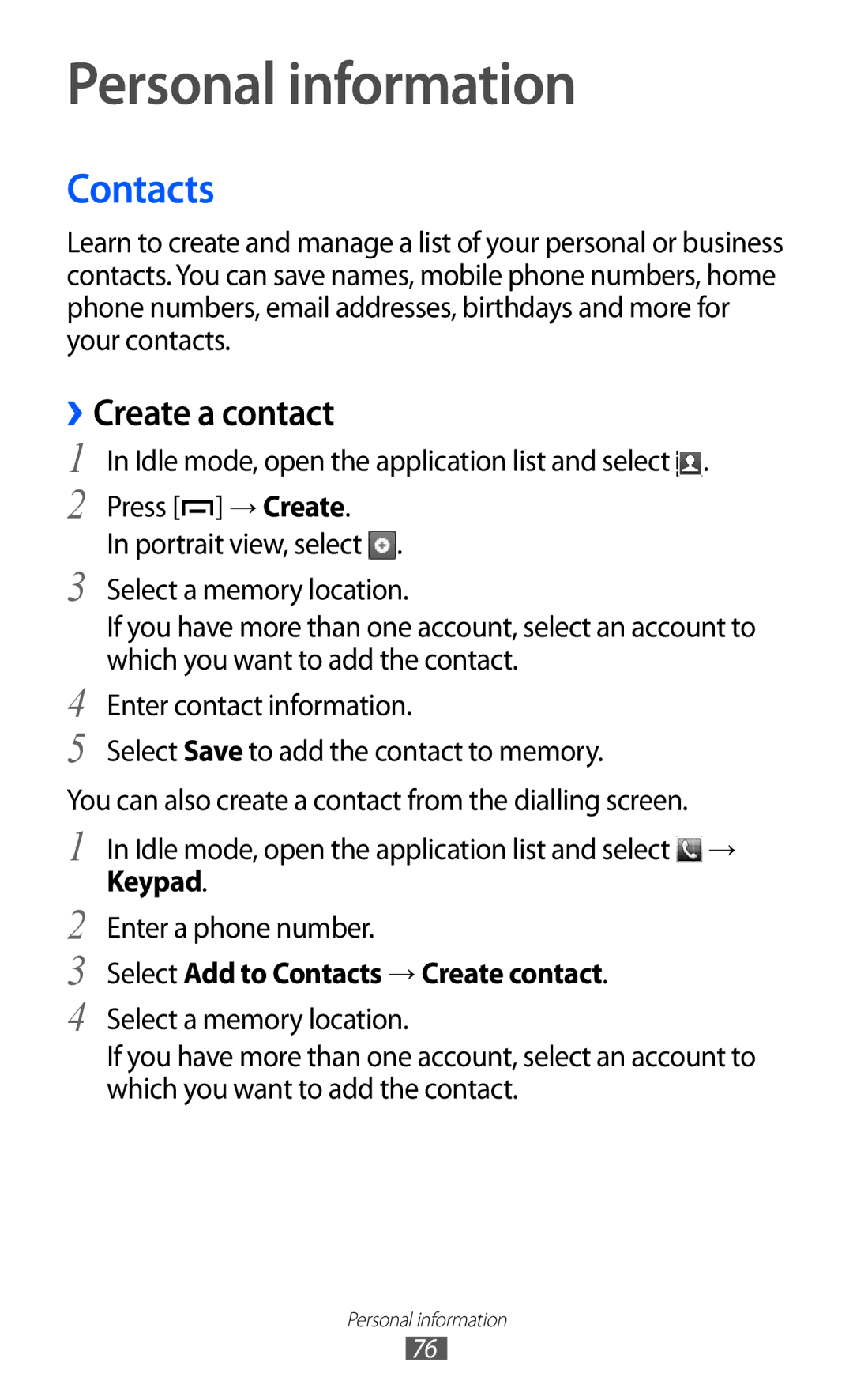 Samsung GT-B5512HKAEGY manual Personal information, ››Create a contact, Select Add to Contacts → Create contact 