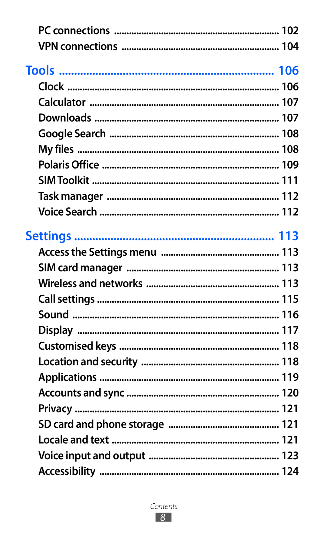 Samsung GT-B5512HKAECT manual 102, 104, 106, 107, 108, 109, 111, 112, 113, 115, 116, 117, 118, 119, 120, 121, 123, 124 