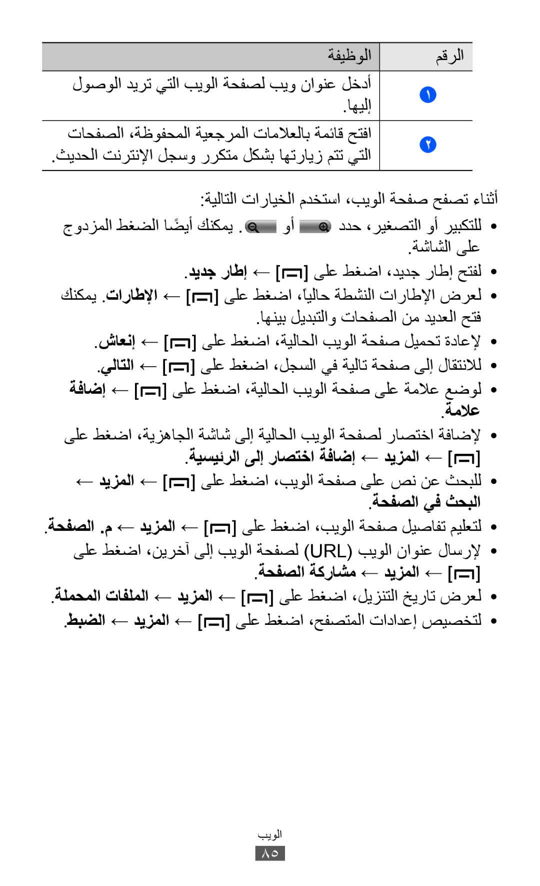 Samsung GT-B5512HKASKZ manual ةملاع, ةيسيئرلا ىلإ راصتخا ةفاضإ ← ديزملا ←, ةحفصلا يف ثحبلا, ةحفصلا ةكراشم ← ديزملا ← 