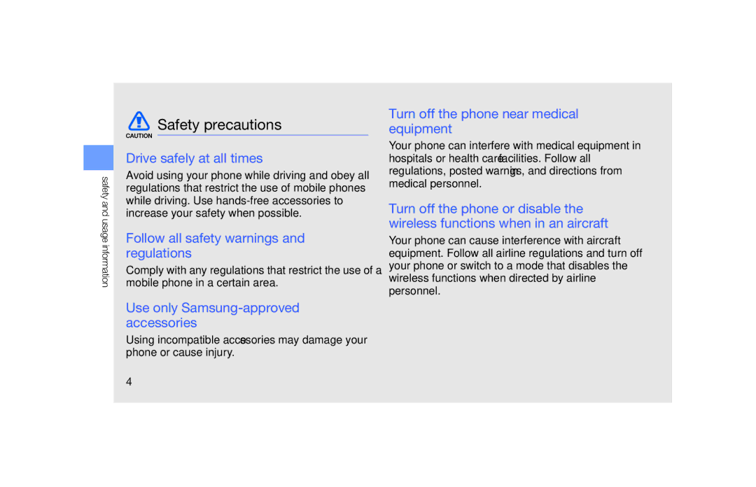 Samsung GT-B5722 user manual Safety precautions, Drive safely at all times, Follow all safety warnings and regulations 