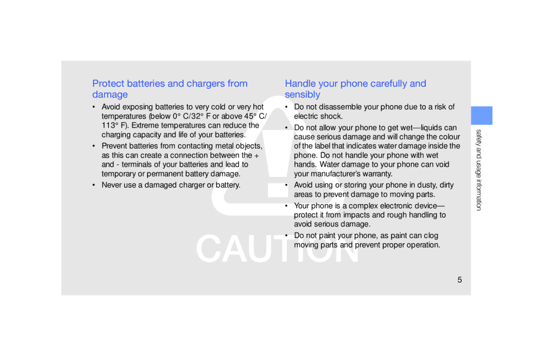 Samsung GT-B5722 user manual Protect batteries and chargers from damage, Handle your phone carefully and sensibly 