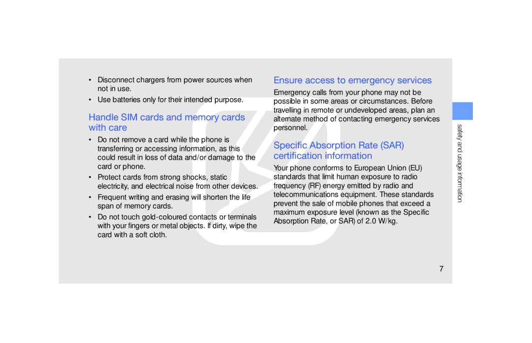 Samsung GT-B5722 user manual Handle SIM cards and memory cards with care, Ensure access to emergency services 