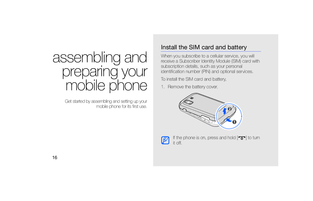 Samsung GT-B5722 user manual Assembling and preparing your mobile phone, Install the SIM card and battery 