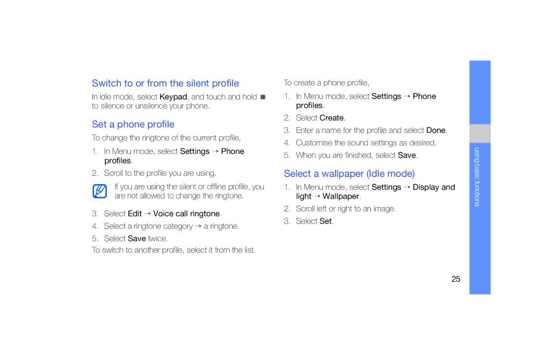 Samsung GT-B5722 user manual Switch to or from the silent profile, Set a phone profile, Select a wallpaper Idle mode 