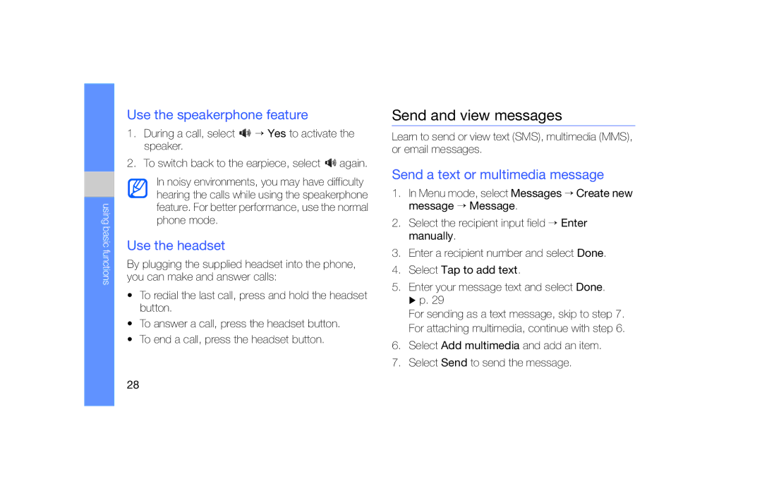 Samsung GT-B5722 Send and view messages, Use the speakerphone feature, Use the headset, Send a text or multimedia message 