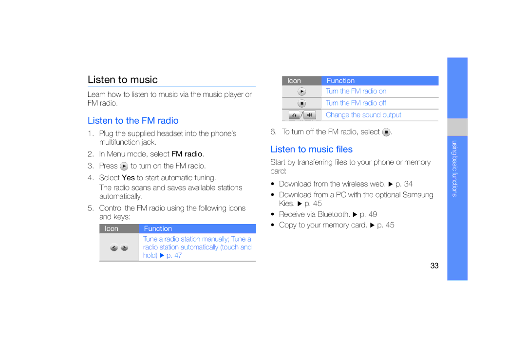 Samsung GT-B5722 user manual Listen to the FM radio, Listen to music files, To turn off the FM radio, select 