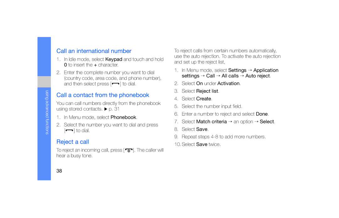 Samsung GT-B5722 user manual Call an international number, Call a contact from the phonebook, Reject a call 