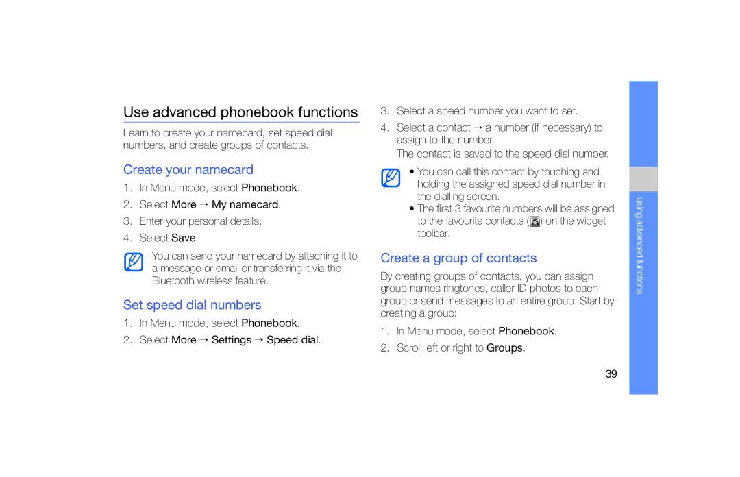 Samsung GT-B5722 user manual Use advanced phonebook functions, Create your namecard, Set speed dial numbers 