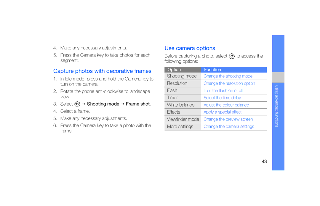 Samsung GT-B5722 user manual Capture photos with decorative frames, Use camera options 